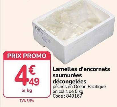Lamelles d'encornets saumurées décongelées pêchées en Océan Pacifique en colis de 5 kg Code : 849167
