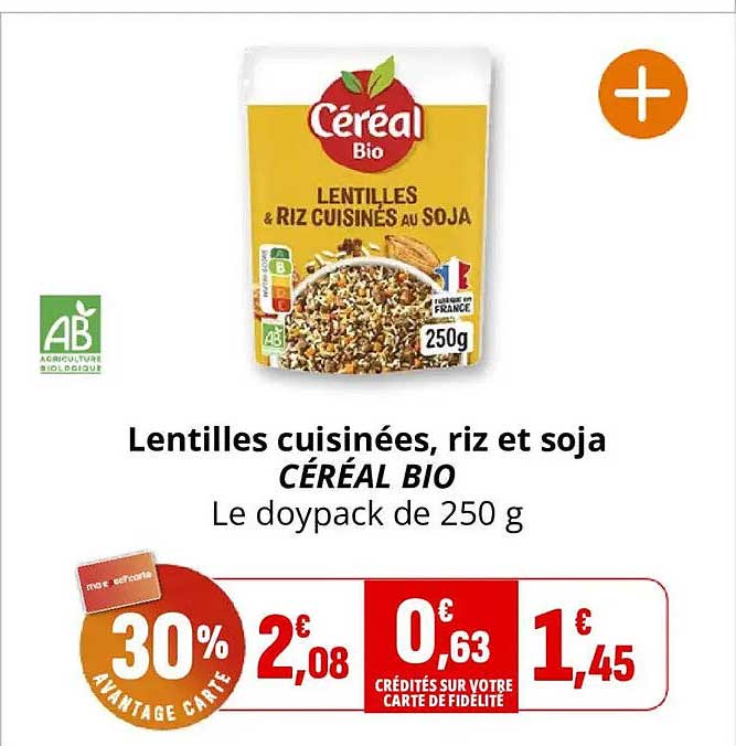 Lentilles cuisinées, riz et soja CÉRÉAL BIO Le doypack de 250 g