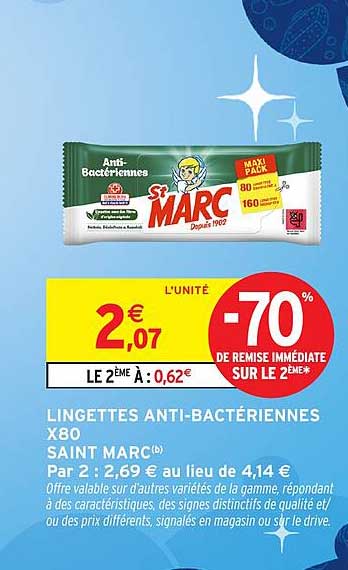 LINGETTES ANTI-BACTÉRIENNES X80 SAINT MARC®