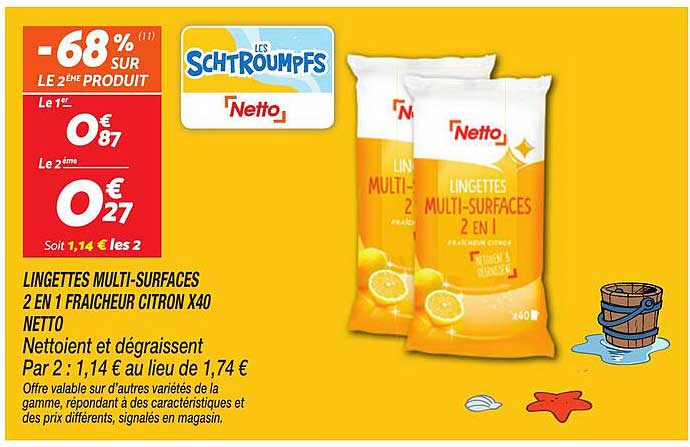 LINGETTES MULTI-SURFACES 2 EN 1 FRAICHEUR CITRON X40 NETTO