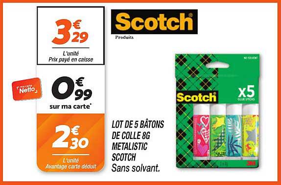 LOT DE 5 BÂTONS DE COLLE 8G METALISTIC SCOTCH Sans solvant.
