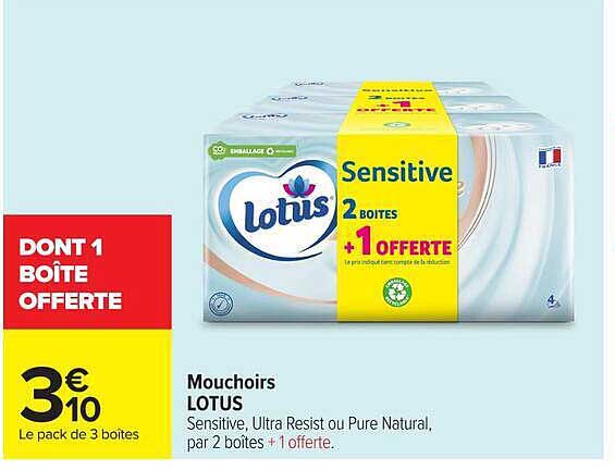 Mouchoirs LOTUS Sensitive, Ultra Resist ou Pure Natural, par 2 boîtes + 1 offerte.