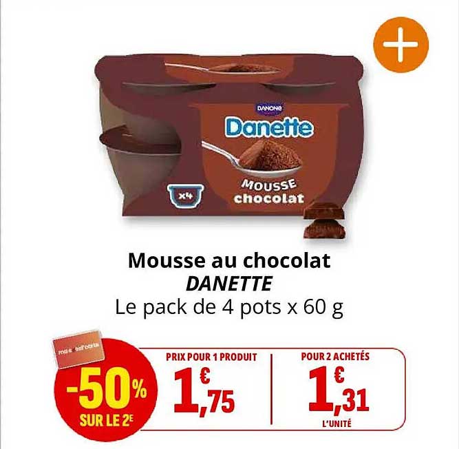 Mousse au chocolat DANETTE Le pack de 4 pots x 60 g