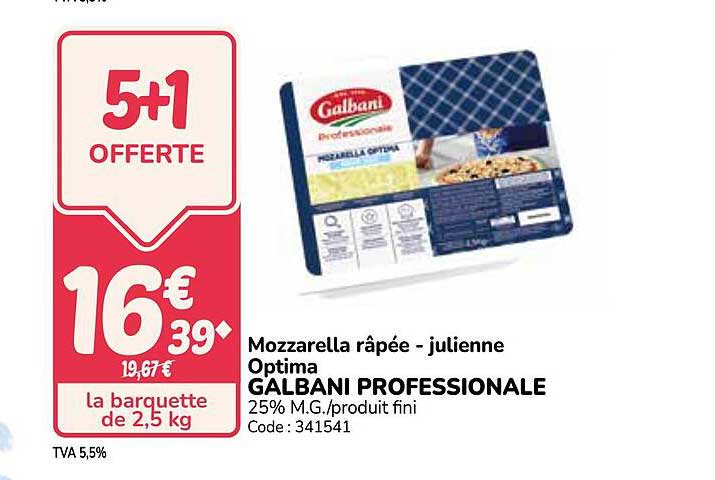 Mozzarella râpée - julienne Optima GALBANI PROFESSIONALE 25% M.G./produit fini Code : 341541