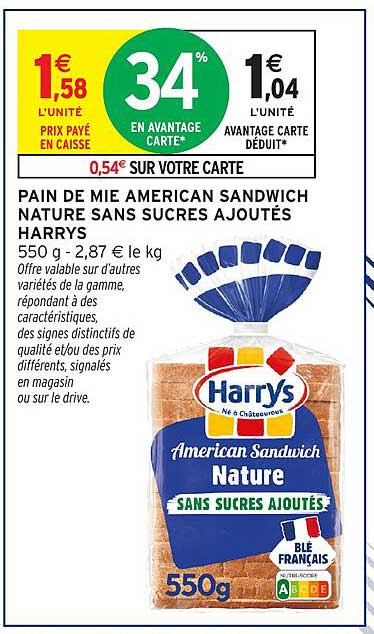 PAIN DE MIE AMERICAN SANDWICH NATURE SANS SUCRES AJOUTÉS HARRYS