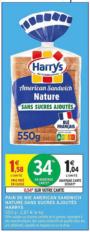 PAIN DE MIE AMERICAN SANDWICH NATURE SANS SUCRES AJOUTÉS HARRYS