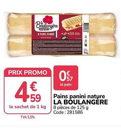 Pains panini nature LA BOULANGERE 8 pièces de 125 g