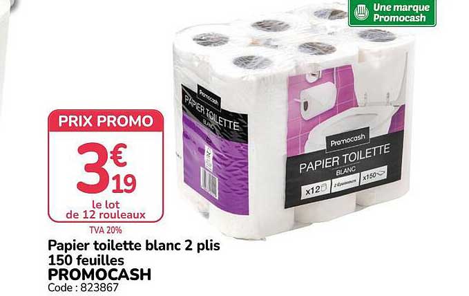 Papier toilette blanc 2 plis 150 feuilles PROMOCASH