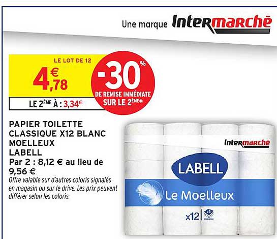 PAPIER TOILETTE CLASSIQUE X12 BLANC MOELLEUX LABELL
