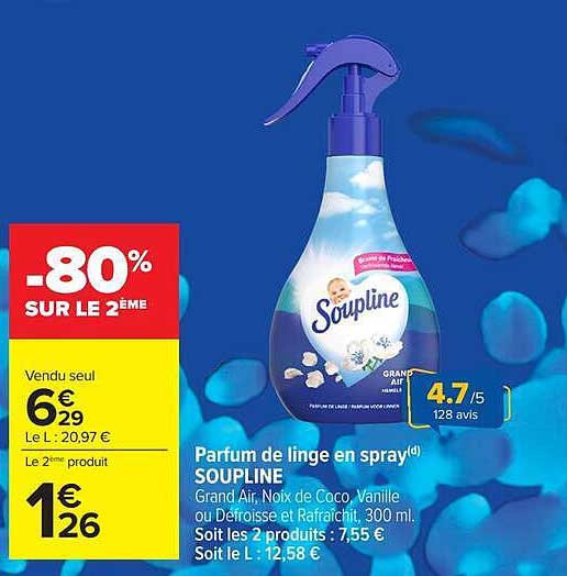 Parfum de linge en spray Soupline Grand Air, Noix de Coco, Vanille ou Defroisse et Rafraichit, 300 ml