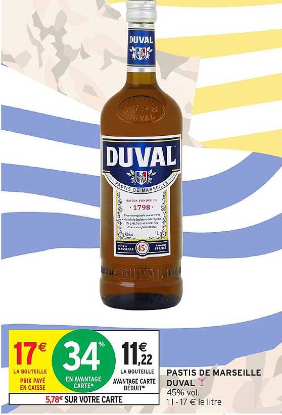 PASTIS DE MARSEILLE DUVAL 45% vol. 1 l - 17 € le litre