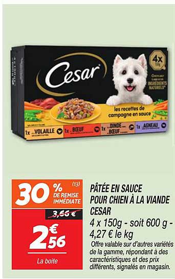 PÂTÉE EN SAUCE POUR CHIEN À LA VIANDE CESAR 4 x 150g - soit 600 g - 4,27 € le kg