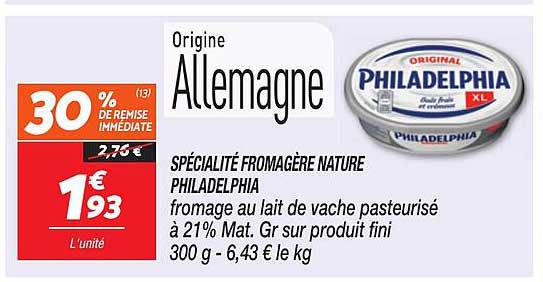 PHILADELPHIA fromage au lait de vache pasteurisé à 21% Mat. Gr sur produit fini 300 g