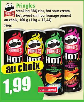Pringles smoking BBQ ribs, hot sour cream, hot sweet chili ou fromage piment au choix, 160 g (1 kg = 12,44)