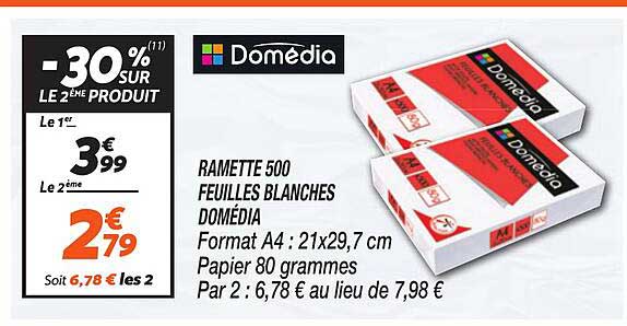 RAMETTE 500 FEUILLES BLANCHES DOMÉDIA Format A4 : 21x29,7 cm Papier 80 grammes Par 2 : 6,78 € au lieu de 7,98 €
