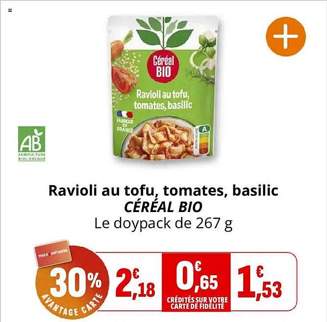Ravioli au tofu, tomates, basilic CÉRÉAL BIO Le doypack de 267 g