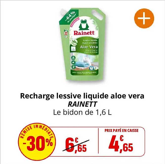 Recharge lessive liquide aloe vera RAINETT Le bidon de 1,6 L