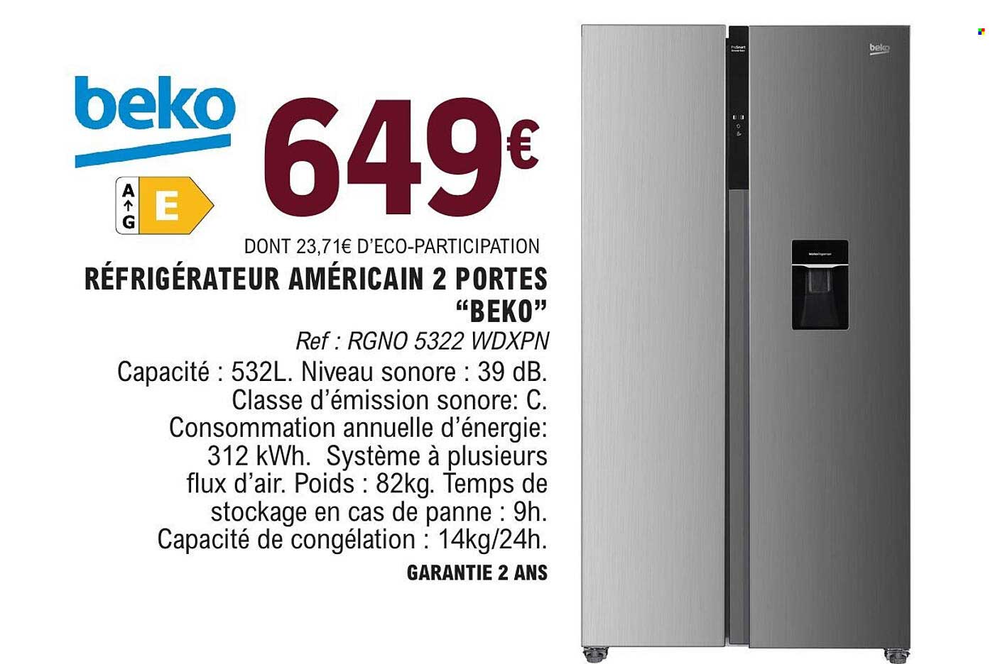 RÉFRIGÉRATEUR AMÉRICAIN 2 PORTES “BEKO”