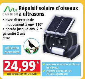 Répulsif solaire d’oiseaux GARDIGO à ultrasons