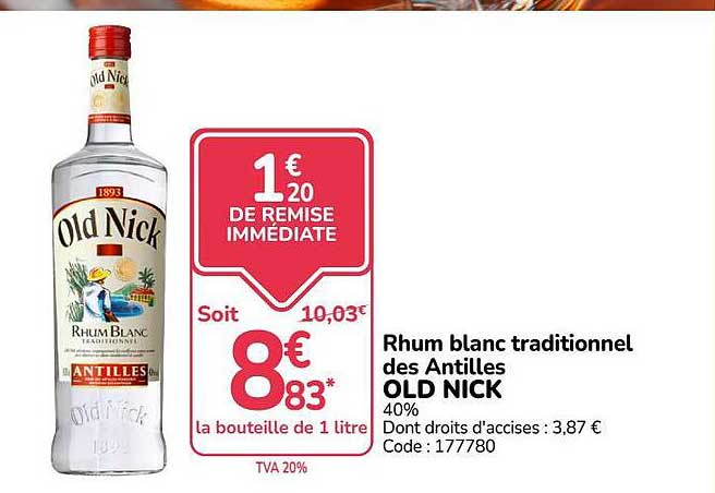 Rhum blanc traditionnel des Antilles OLD NICK 40%