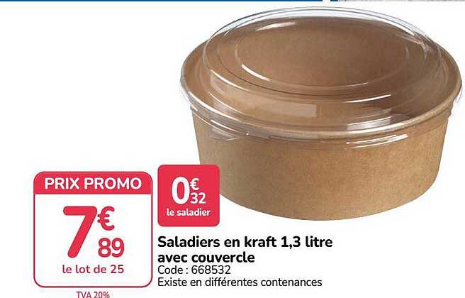 Saladiers en kraft 1,3 litre avec couvercle