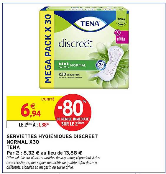 SERVIETTES HYGIÉNIQUES DISCREET NORMAL X30 TENA