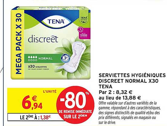 SERVIETTES HYGIÉNIQUES DISCREET NORMAL X30 TENA