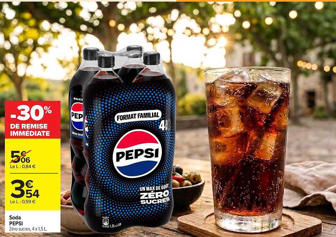 Soda PEPSI Zéro sucres, 4 x 1,5 L
