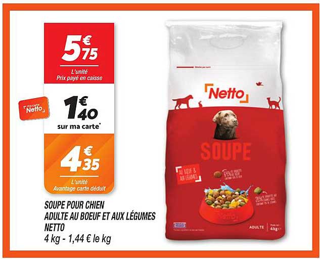 SOUPE POUR CHIEN ADULTE AU BOEUF ET AUX LÉGUMES NETTO 4 kg - 1,44 € le kg