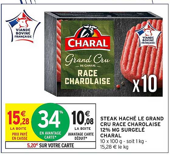 STEAK HACHÉ LE GRAND CRU RACE CHAROLAISE 12% MG SURGELÉ CHARAL