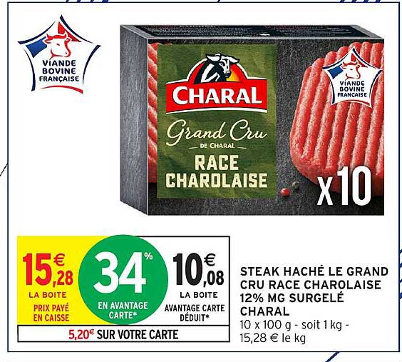 STEAK HACHÉ LE GRAND CRU RACE CHAROLAISE 12% MG SURGELÉ CHARAL