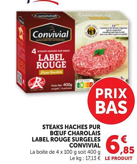 STEAKS HACHES PUR BOEUF CHAROLAIS LABEL ROUGE SURGELES CONVIVIAL