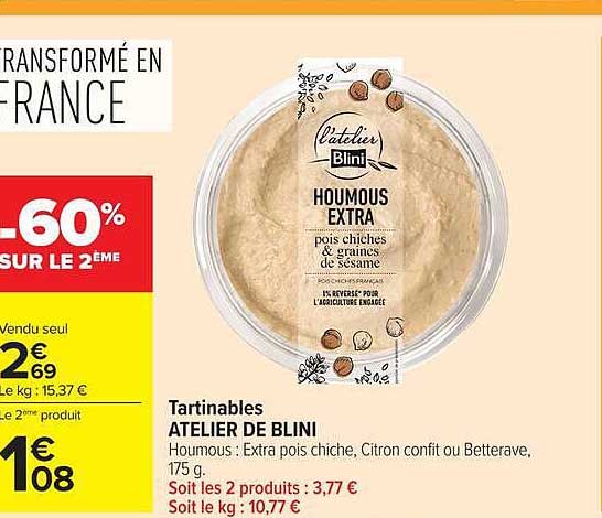 Tartinables ATELIER DE BLINI Houmous : Extra pois chiche, Citron confit ou Betterave, 175 g.