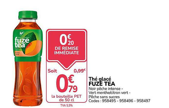 Thé glacé FUZE TEA Noir pêche intense - Vert menthe/citron vert - Pêche sans sucres