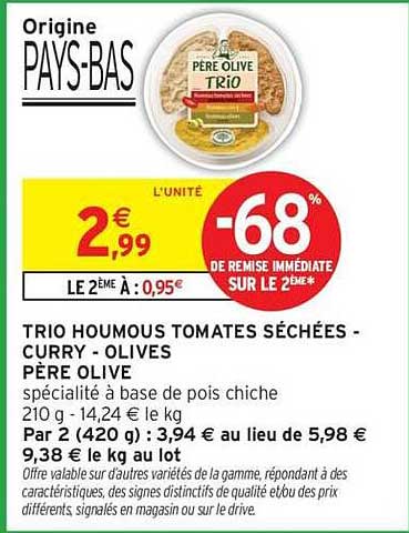 TRIO HOUMOUS TOMATES SÉCHÉES - CURRY - OLIVES PÈRE OLIVE