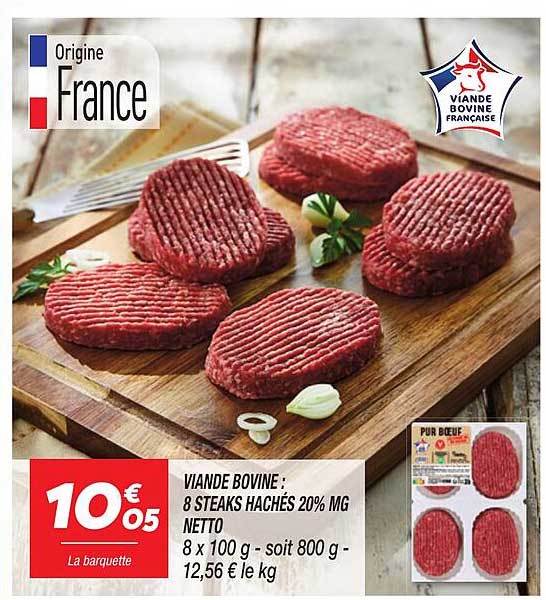 VIANDE BOVINE : 8 STEAKS HACHÉS 20% MG NETTO