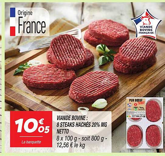 VIANDE BOVINE : 8 STEAKS HACHÉS 20% MG NETTO