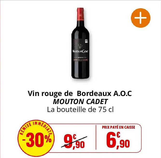 Vin rouge de Bordeaux A.O.C MOUTON CADET La bouteille de 75 cl