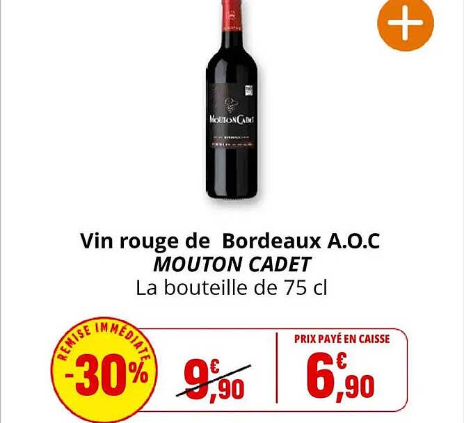 Vin rouge de Bordeaux A.O.C MOUTON CADET La bouteille de 75 cl