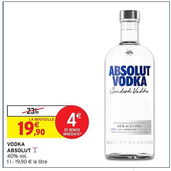 VODKA ABSOLUT 40% vol. 1l - 19,90 € le litre