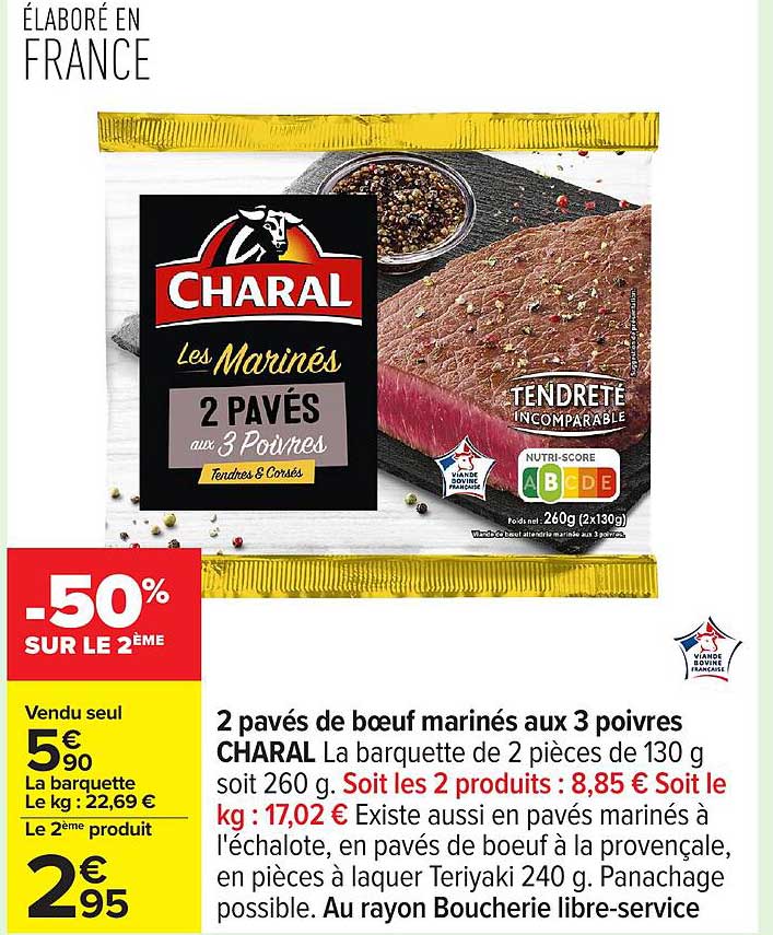 2 pavés de bœuf mariné aux 3 poivres CHARAL