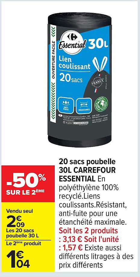 20 sacs poubelle 30L CARREFOUR ESSENTIAL