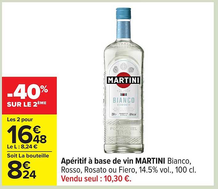 Apéritif à base de vin MARTINI Bianco, Rosso, Rosato ou Fierro, 14.5% vol., 100 cl.
