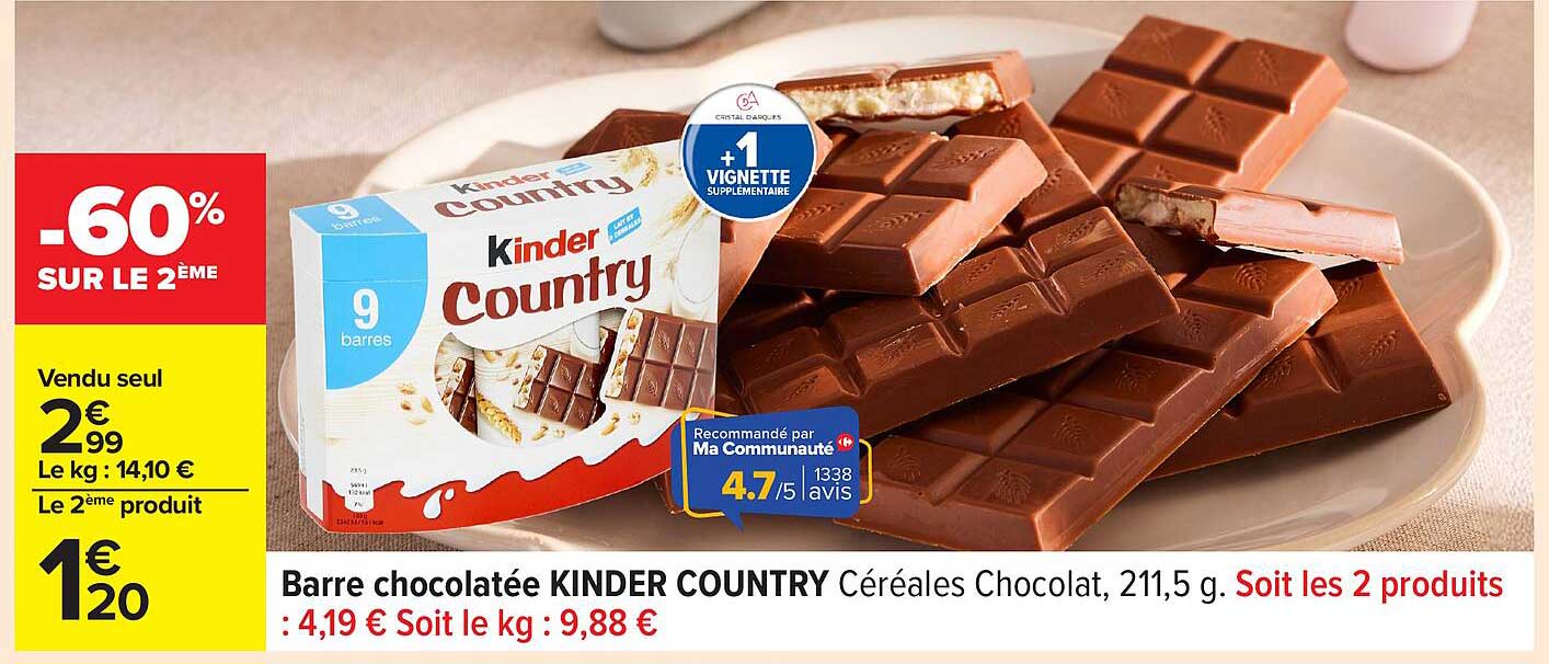 Barre chocolatée KINDER COUNTRY Céréales Chocolat, 211,5 g. Soit les 2 produits