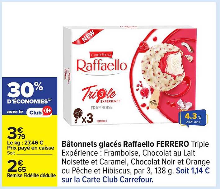 Bâtonnets glacés Raffaello FERRERO Triple Expérience : Framboise, Chocolat au Lait Noisette et Caramel, Chocolat Noir et Orange ou Pêche et Hibiscus