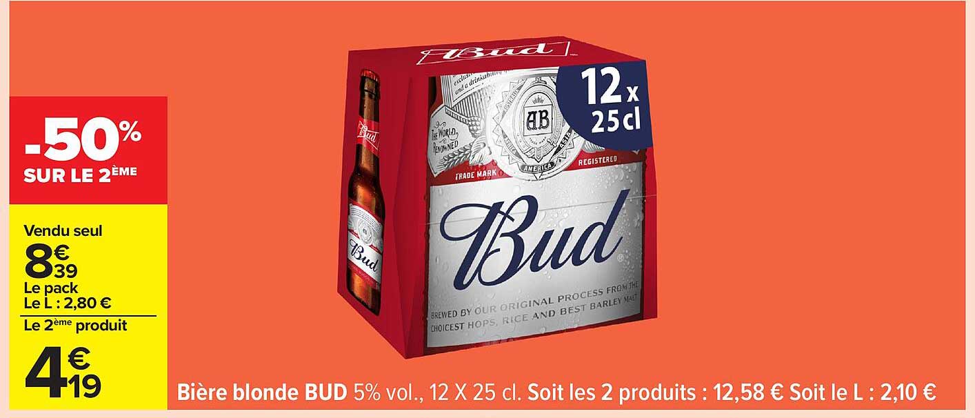 Bière blonde BUD 5% vol, 12 x 25 cl