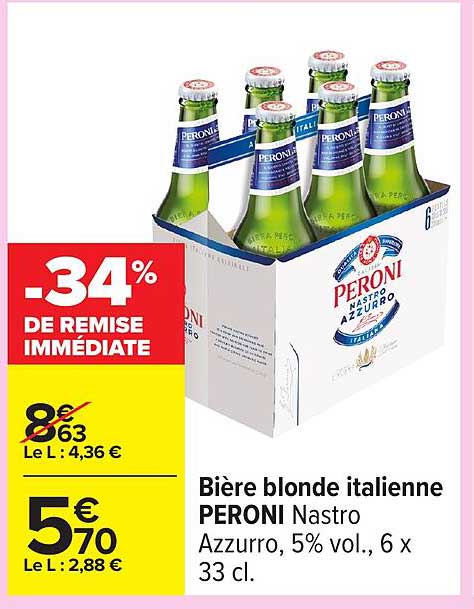 Bière blonde italienne PERONI Nastro Azzurro, 5% vol., 6 x 33 cl