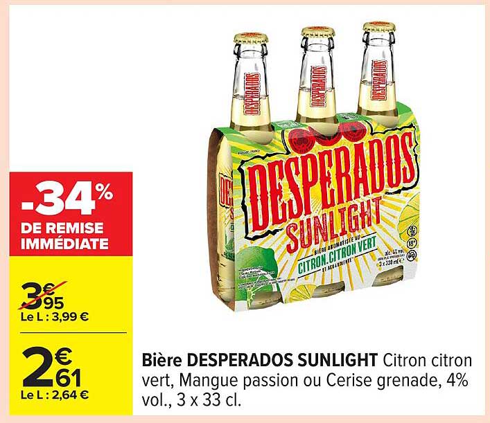 Bière DESPERADOS SUNLIGHT Citron citron vert, Mangue passion ou Cerise grenade, 4% vol., 3 x 33 cl.
