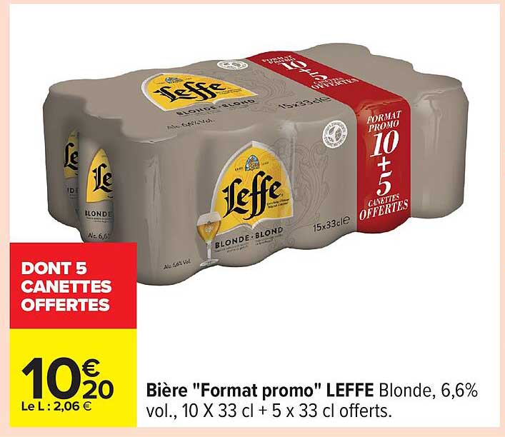 Bière "Format promo" LEFFE Blonde, 6,6% vol., 10 X 33 cl + 5 X 33 cl offerts