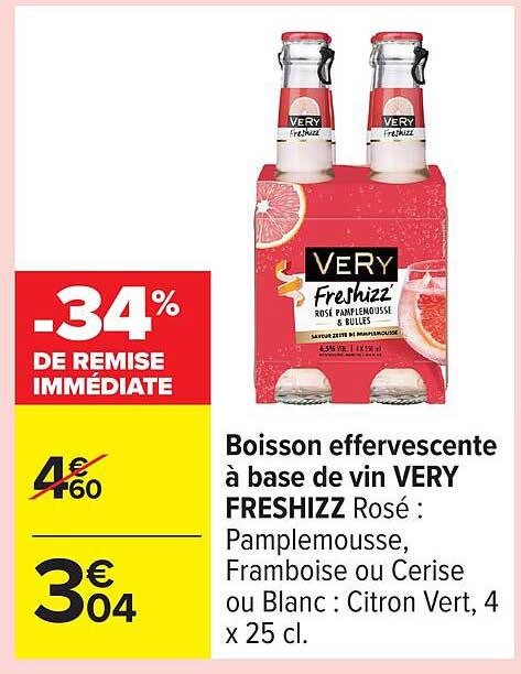 Boisson effervescente à base de vin VERY FRESHIZZ Rosé : Pamplemousse, Framboise ou Cerise ou Blanc : Citron Vert, 4 x 25 cl.